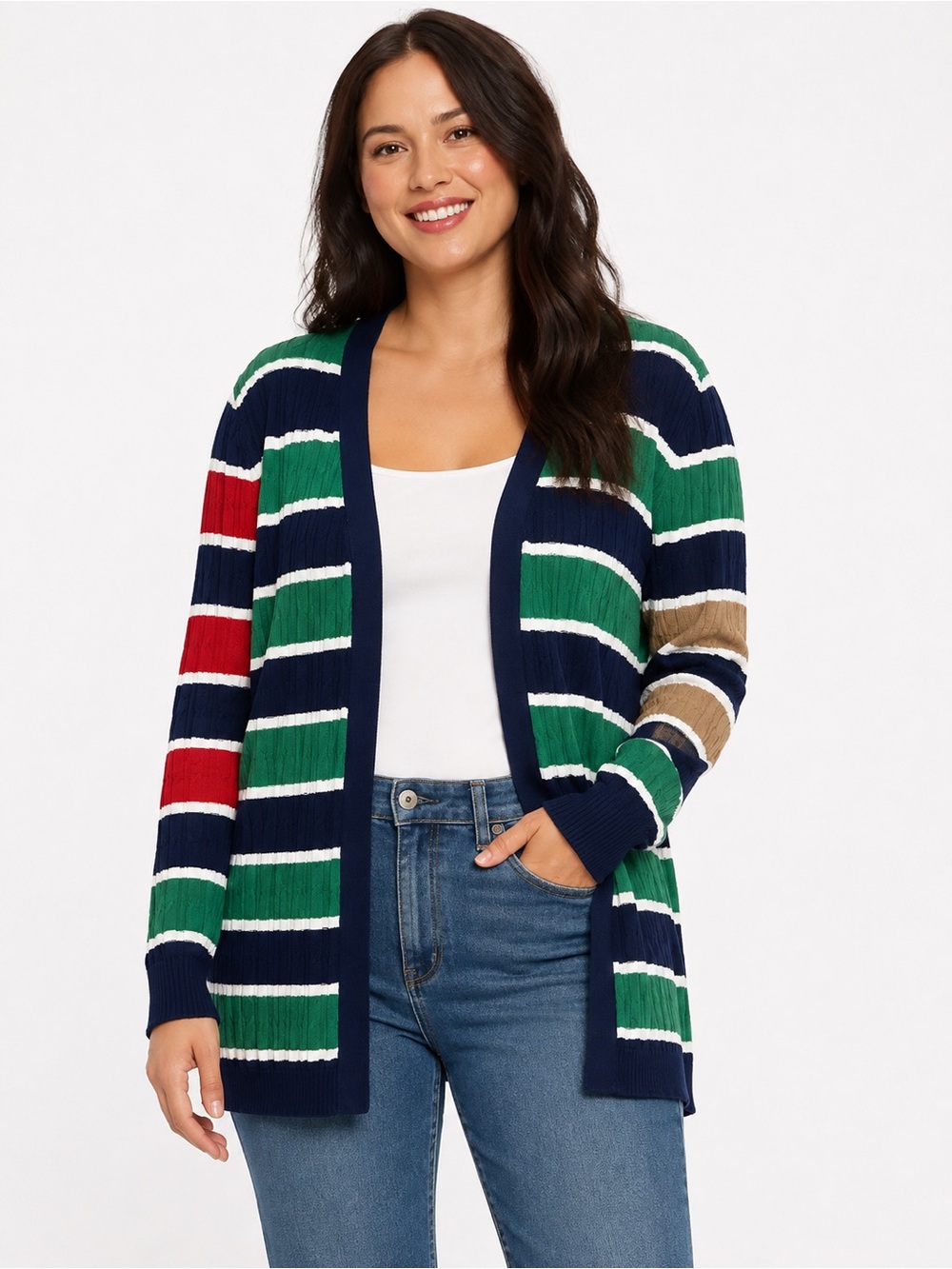 Lands End Striped Cardigan Sweater Women M Cable Knit Colorblock Preppy Coastal